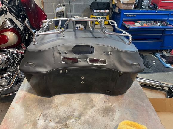 Mustang lid cover was modified for a chopped backrest