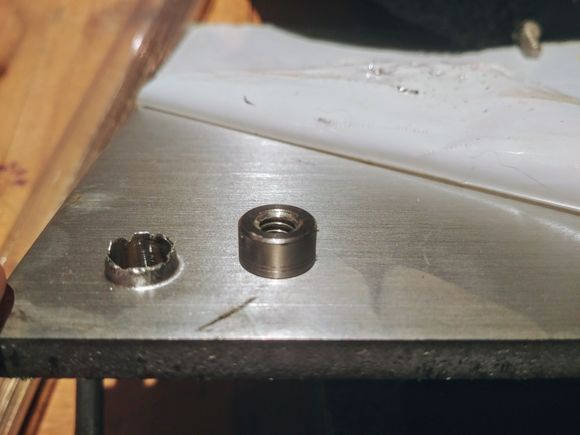 Inswet pressed in. Looks good...but...  (Disregard the blown out hole on the left.  Had to sharpen my drill bit.)