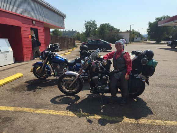 Say hello to Lynn. She is from Maryland, I think. I first chatted with her for a momen on Broadus, then she ran tail gunner all the way to Lame Deer. We stopped at the gas station, curled up and had a sandwich by the bikes. Hell of a person, real friendly and can ride that 600 like a bat out of hell. We left together and headed for Little Big Horn and pulled together. I like to ride alone but Lynn can ride with me anytime. After LBH we said our good byes, she headed North and I headed south.