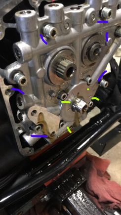 The 6 bolts with the blue marks around them have to come out to remove the cam plate assembly, the 4 with green marks are for the oil pump and don't have to be removed.