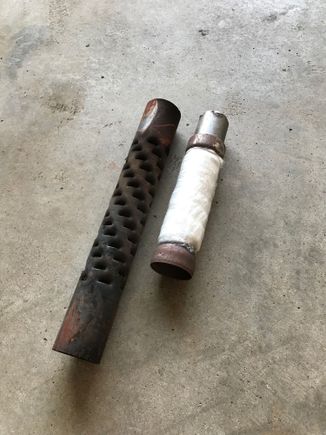Old and new baffles.  My wife said it looked like a tampon, and we both agreed they're similar....insert to quiet annoying sound!