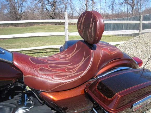 C&amp;C Seats Brown Rust Flame Inserts Seat
http://www.sideroadcycles.com/AmericanMotorcycles/Seats/Motorcycle_Seats.html