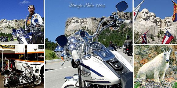A composite of several pix takes along the ride from Sturgis to Mt. Rushmore, THE favorite spot for rally participants, during the week-long Black Hills Rally. The mountain goat was just perched on a rock above the highway, watching the bikes go by!
