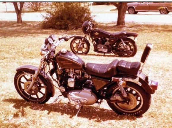 These were my 2nd &amp; 3rd Harleys which I still have. The 79 XLS is needing complete rebuild and the 77 XLCR is in the process of restoration now.
Pic was taken around 1981.