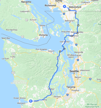 Sumas, and down highway 9... over the boat, and down the East side of the Olympic peninsula, which is brand new road to me... the border and the boat would be the only wait times... I have done the 101 on the west side several times...