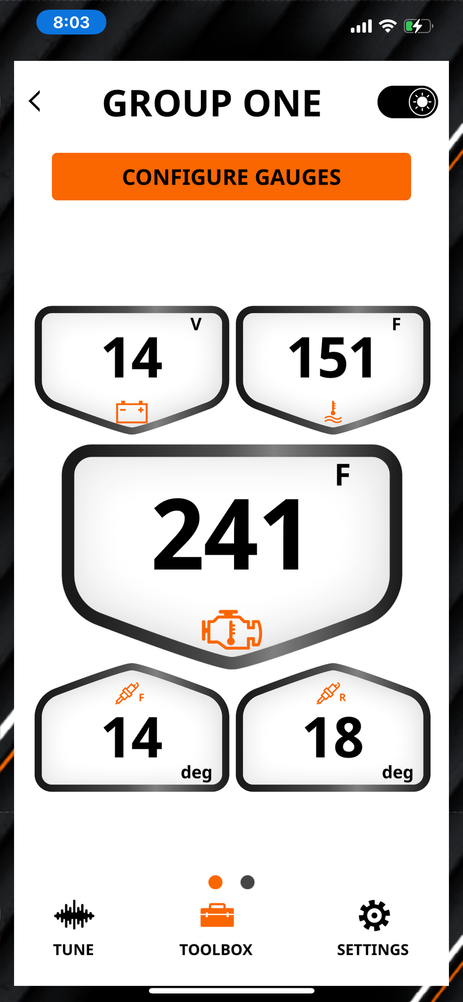 This is a screenshot of my SE pro programmer showing engine temperature and intake temperature as well as other parameters