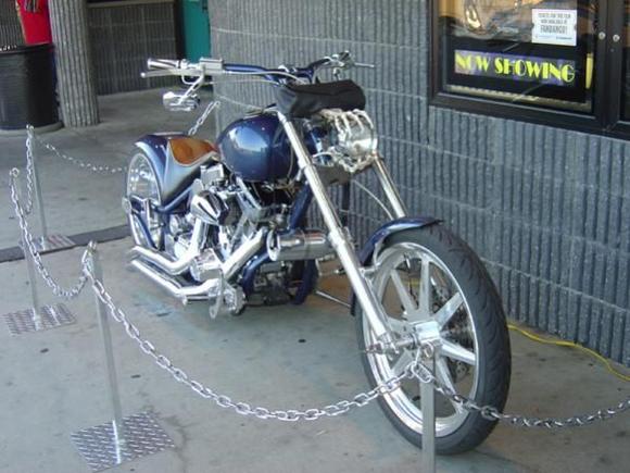 A friend of mine's Chopper. He brought it to the premiere of Ghost Rider in Panama City. Notice the skeleton hand holding on to the headlight.
