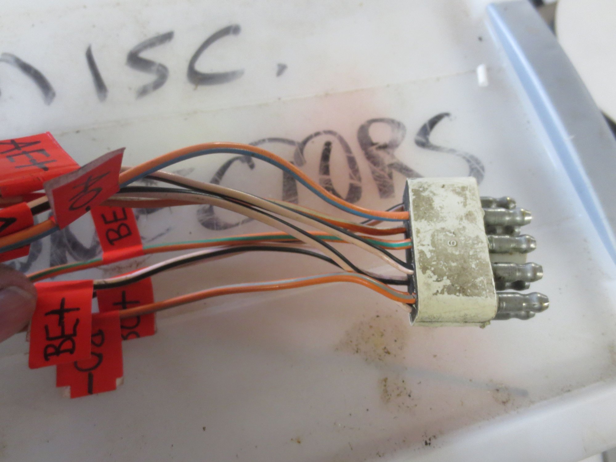 Wires from the OEM plug carefully labelled. It is all to eay to lose track of what goes where otherwise.