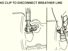 The factory disconnect tool for cooling system bleed pipes, situated on front end of 
Part Load Breather Hose at front end of 
left cam cover (looking from drivers seat)