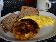 An excellent chicken, apple and sweet potato hash, with scrambled eggs. Now I'm hungry again.