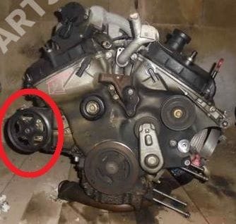 Everything is extremely tight in that area. Thus, I can't properly see it - that picture is from the internet: What is the function of that pulley in the red circle? What is powered via that pulley?