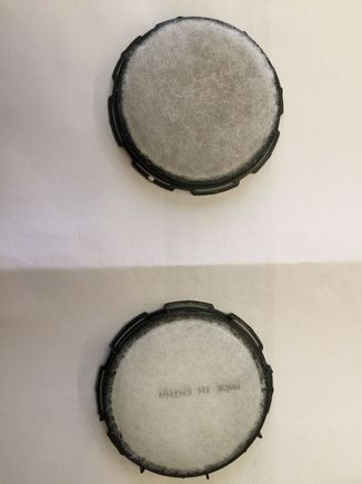 Used backrest filter on top. New Ford filter (Motorcraft FS-100) on bottom.