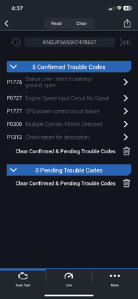 latest trouble codes, I installed a knife edge switch at the battery since I still have a parasitic draw. so that could be one of the codes.