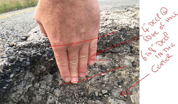 my fingers on the edge of the second pot hole which shows 4" deep at the edge! it was around 6 to 8 inches deep in the middle.