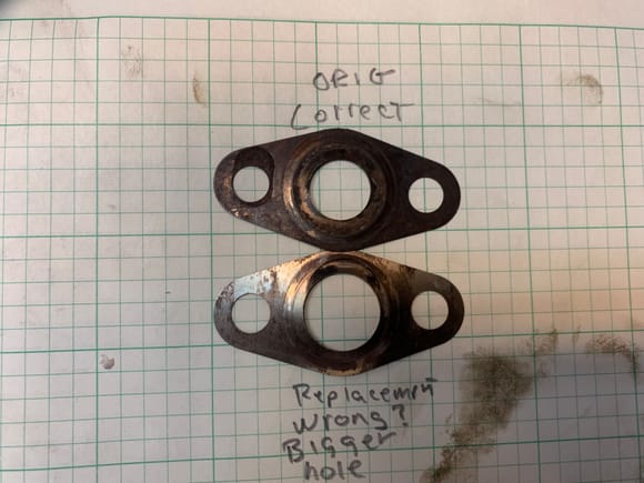 Anyone know why the replacement egr lower tube gasket (bottom) has a bigger opening that the original gasket? The tubes hole matches the smaller hole but the replacement has the bigger hole.  I want the right gasket.  

Also does it natter which way its installed? 