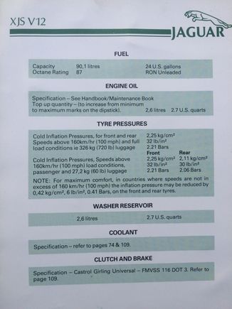 1986 Jaguar XJ-S manual rear insert page.