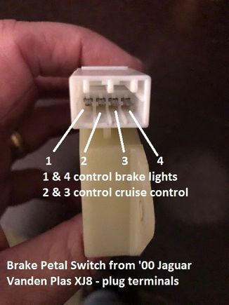 Picture 3 - Brake Petal Switch from '00 Jaguar Vanden Plas XJ8 - this view shows the plug on the switch itself with what the various terminals are responsible for controling