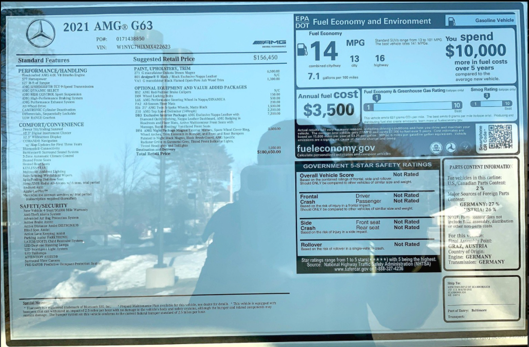 2021 Mercedes-Benz G-Class - 2021 G63 AMG - New - VIN W1NYC7HJXMX422623 - 20 Miles - 8 cyl - AWD - Automatic - SUV - Brown - Scarborough, ME 04074, United States