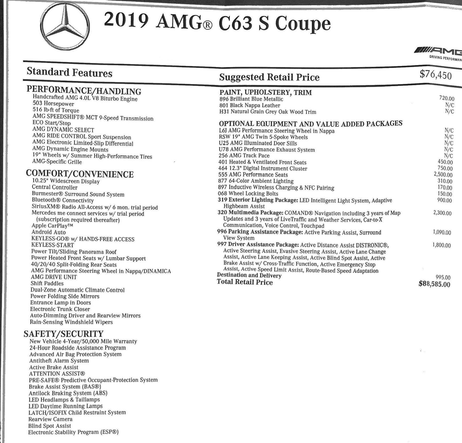 2019 Mercedes-Benz C63 AMG S - 2019 AMG C63S 2-Door Coupe ~~Save Over $15K~~No Accidents 4,092 Miles ~~~MSRP $88,585 - Used - VIN WDDWJ8HB0KF837316 - 4,092 Miles - 8 cyl - 2WD - Automatic - Coupe - Blue - Stuart, FL 34997, United States