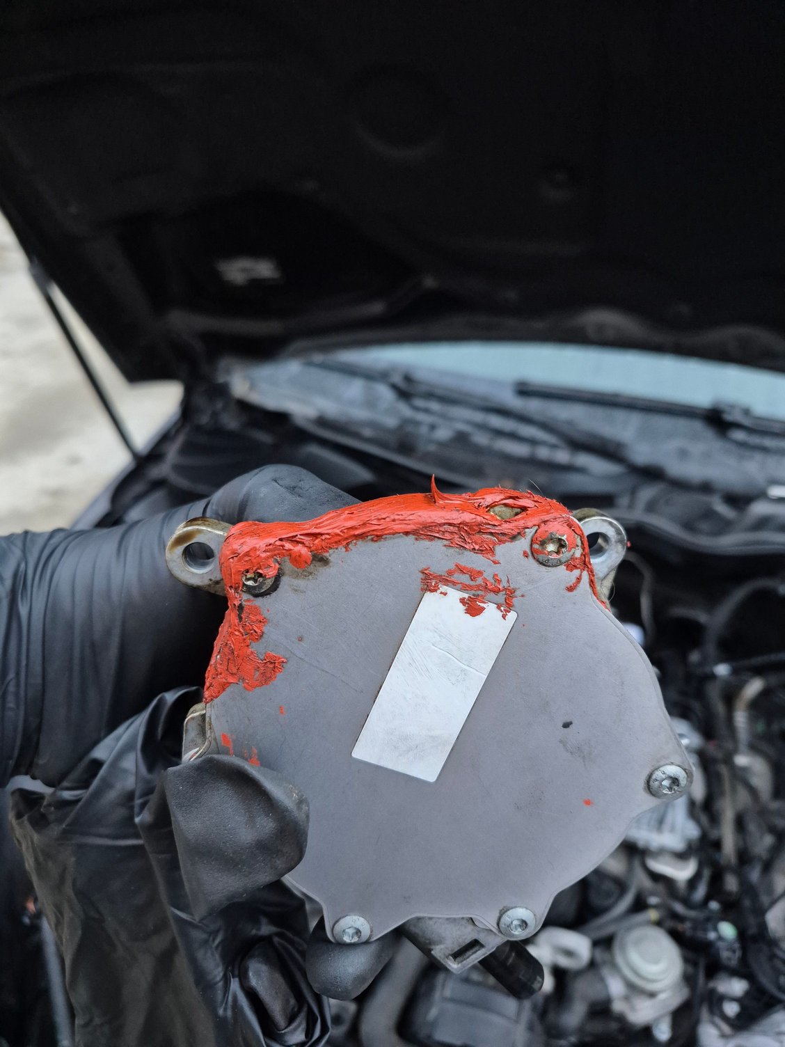 Rear of brake vacuum pump. Orange gasket sealer smeared on the bottom edge.