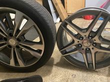 The left rim is the original OEM rim from my 2014 E350 4MATIC sport. The right rim is an OEM rim also from the same car.