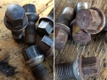 Rusty lug bolts before and after hitting then with the wire wheel