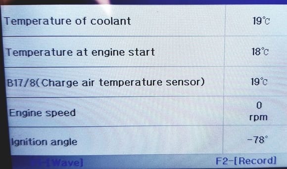 This is the Cold reading before starting.  Notice charge air temp is within 1 degree C of engine temp and coolant temp.