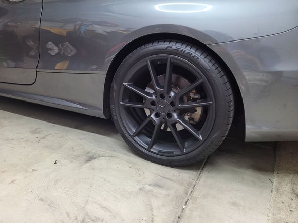 17mm spacers in rear on 19" factory rims and ride height.