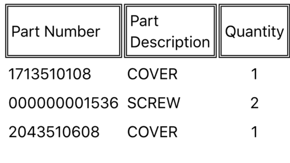 Here are the part numbers for the cover, the fins and two screws.