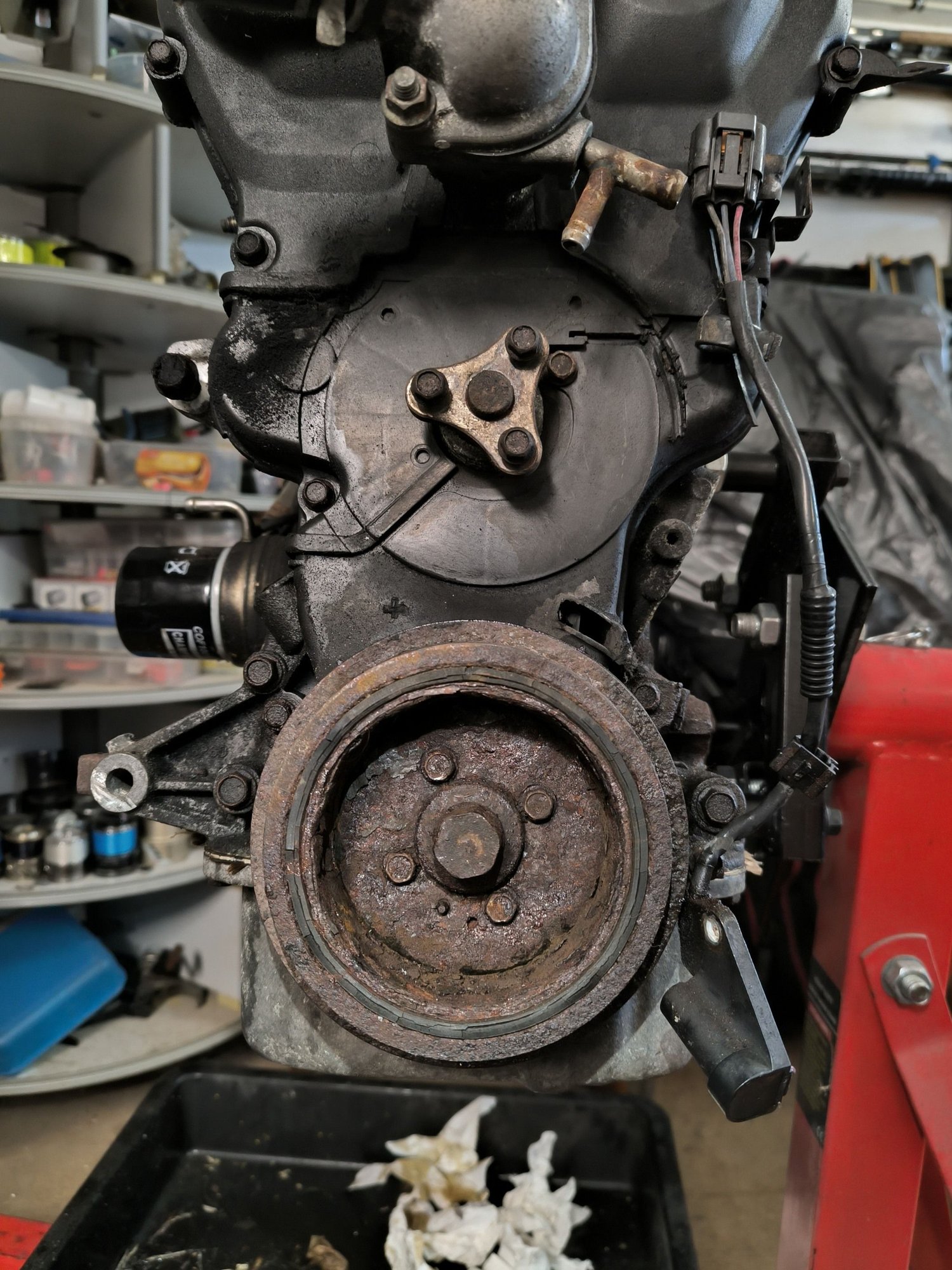 Shes quite crusty. Before the engine went back into the trunk via my engine crane I also cleaned the block up with a needle scaler attachment on my air hammer. All the threaded bores on the outside were cleaned up with rust remover, a thread chaser and compressed air. 