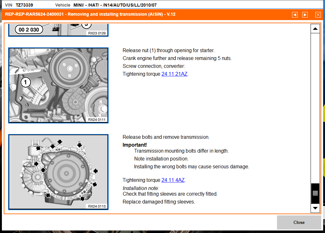 R56 N14 Auto trans torque converter nut torque specs North American