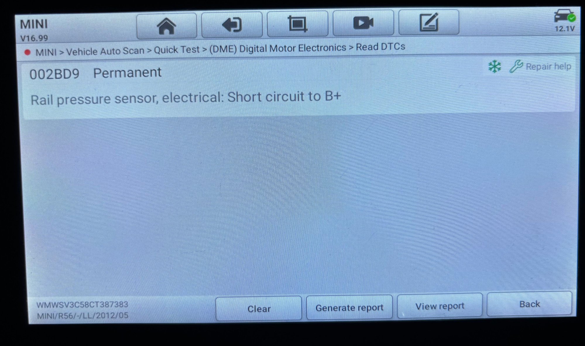 Cleared codes again and tried to start engine. No start and ran scanner. Received this code. 