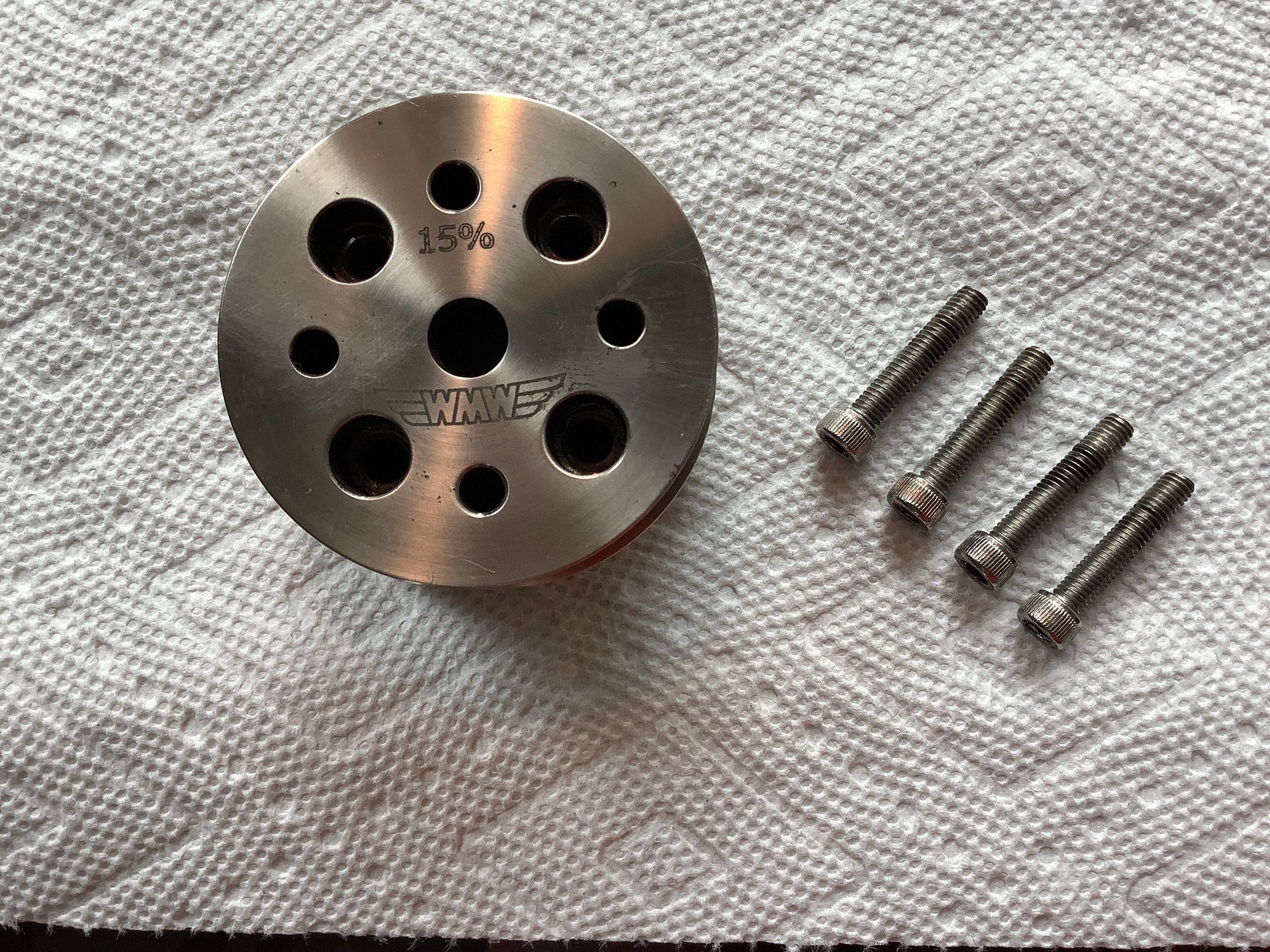 Engine - Intake/Fuel - Used WMW 15% Supercharger pulley and screws - Used - 2002 to 2006 Mini R53: "Mk I" Mini Cooper S - 2005 to 2008 Mini R52: "Mk I" Mini Convertible - Newport News, VA 23606, United States