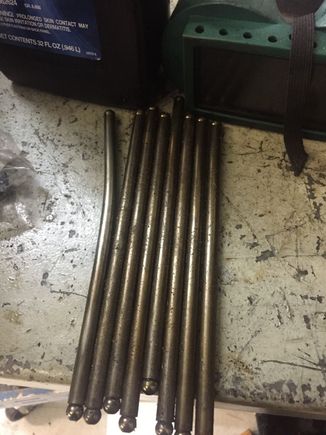 Left bank pushrods in no particular order.... Didnt pay attention pulling em out but i think the bent one was #7 intake all the right side pushrods were straight