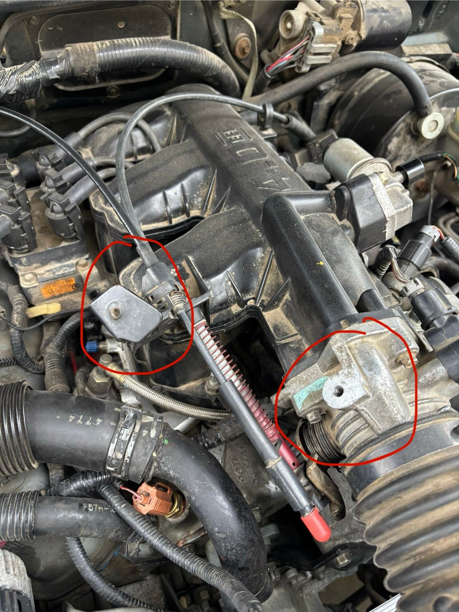 Circled is the bolt holes where the throttle cable cover bolts into