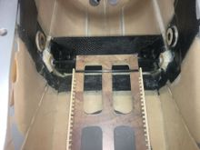 Rear of the battery tray glued to the CF tube and LG box.  
The Battery tray with the 2 CF tubes weighed 45 gms (no glue or lite ply supports)  Maybe a bit heavier than needed but I am a little gun shy about making this part too light and risk sending a battery pack or pack with tray into orbit.  