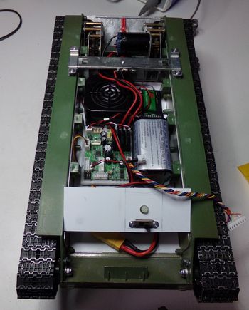 Lower hull internals.  I have built a custom speaker box now and installed a Visaton FRS7S speaker as the TK-50 blew out the Taigen speaker shown here.  I guess the extra amps from the TK-50 were too much for the little 3W Taigen.