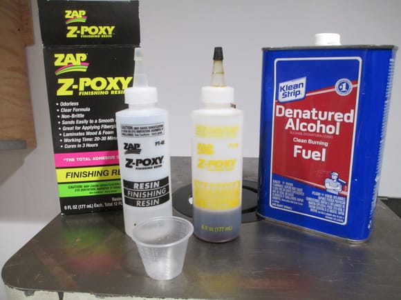 These are the products that I'll be using.  I love, love,love Zap Z-Poxy Finishing resin.  No odor and sands extremely well.  You'll also need Denatured Alcohol as well as a graduated mixing cup.