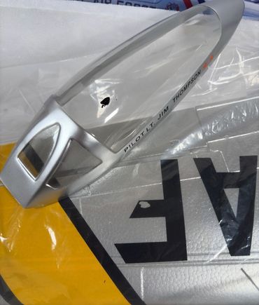 Black spot on canopy is part of the “F” decal on the wing. I should easily come off with minimal effort. One can touch up the F with a black magic marker.