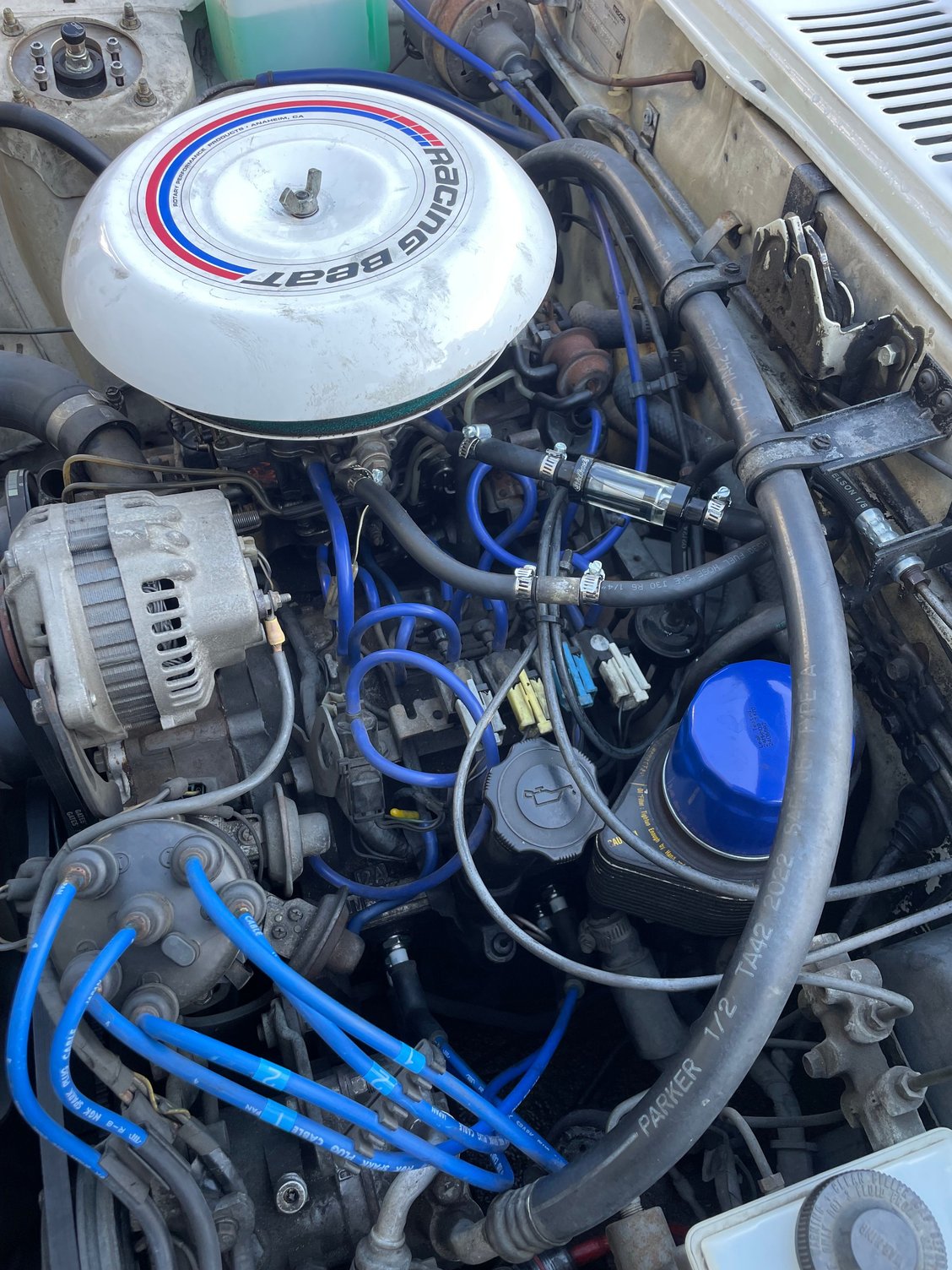 Here�s to looking cool for 2 weeks -lol. I removed it as my son rides with me all the time and I don�t see the benefit outweighing the negatives. If anyone is local and wants to pick it up, it�s yours for free (Edelbrock fuel filter 5/8). I can tell you that the things I did notice was that the RPM�s would be jumpy at startup and the throttle response was delayed slightly. My guess is that it�s one more obstacle for the fuel delivery. 