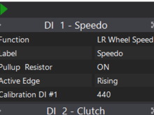 This is the config for the FD VS sensor wired to DI#1; your calibration # may be a little different if your tire sizes or gear ratios differ from mine. I calibrated mine by driving a steady speed, and using a GPS/nav app to monitor my speed, set the cal # so the speed displayed in PCLink agreed.