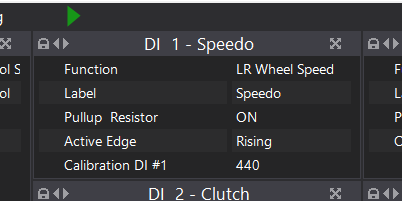 This is the config for the FD VS sensor wired to DI#1; your calibration # may be a little different if your tire sizes or gear ratios differ from mine. I calibrated mine by driving a steady speed, and using a GPS/nav app to monitor my speed, set the cal # so the speed displayed in PCLink agreed.