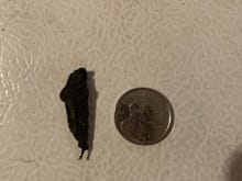 One of several rubber chunks stuck to the rims - quarter beside it for scale 