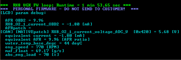 The first 2 parameters are grabbed by standard OBD2 queries as a sanity check, the rest are streamed via CAN and via multiple patches.
Stock, the AFR would top out at 11.15 and aprox. -1.35mA current.