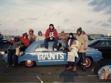 Used about 10 cans of spray paint.  Did 1/2 the car one night at another cousin's garage.  Parked facing away from the house.  Did the other half the 2nd night.  

Mom just shook her head.  Picture taken with family at the NFC Championship game against the Redskins (W, 17-0) in January 1987.  