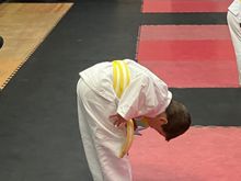 Cole takes the bowing at karate class seriously. 