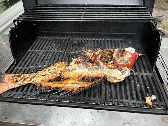 …for this fish. I’ll sometimes grill the carcass like this and pick out the rest of the meat from the head, cheeks, and collars.