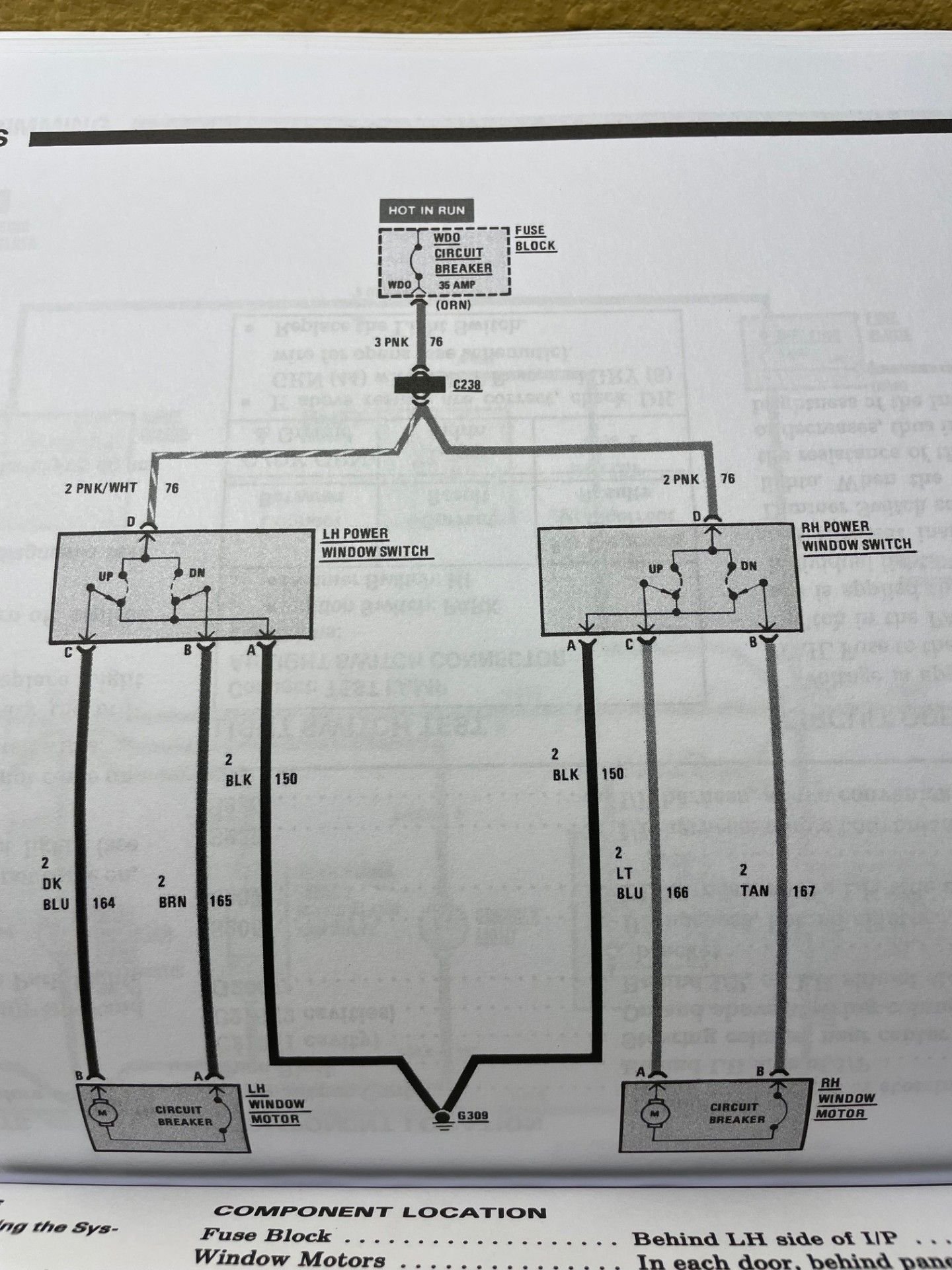 This looks pretty straightforward.  The window switches in the center console get their power from the pink wires.  For the driver's side, the dark blue wire should send power to the window motor to raise the window.