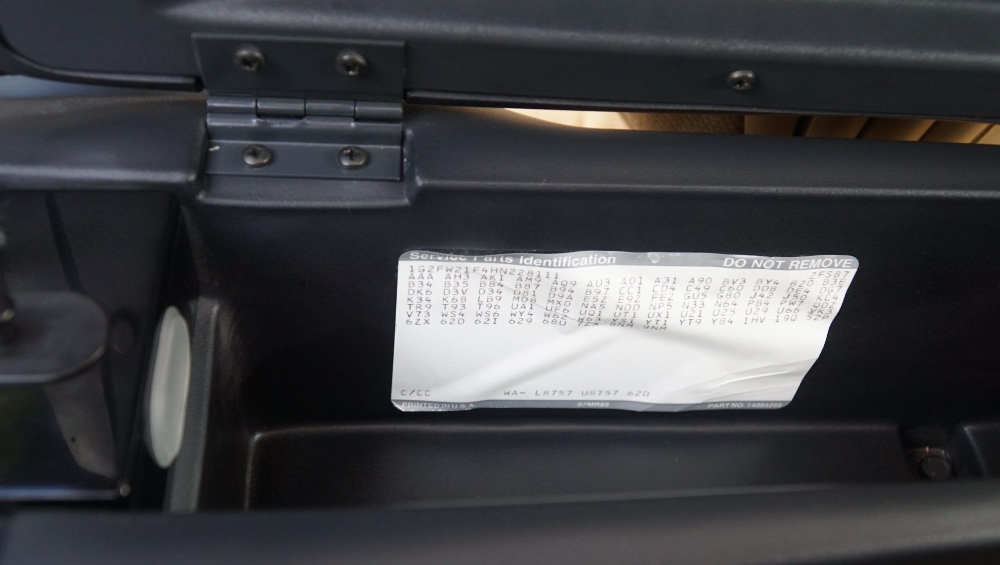 SPID Label showing the RPO codes.