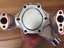 The red lines represent the profile that I had to grind the pump to for clearance around the timing cover and along the accessory bracket.